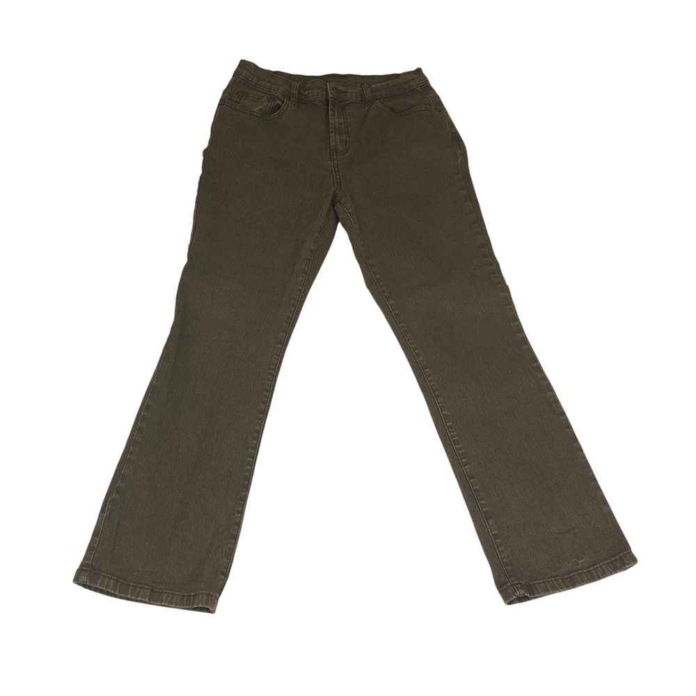 DG2 Diane Gilman Womens 8P Olive Brown Bootcut Stretch Ramie Denim Jeans L27.5"